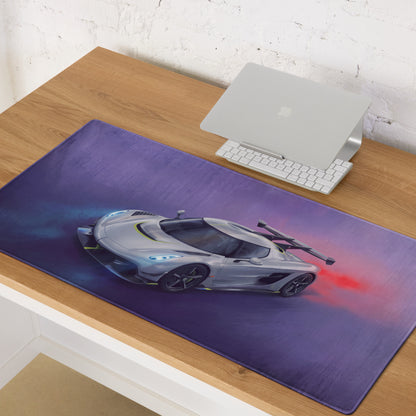 Koenigsegg jesko inspired silver apex desk pad purple gaming mousepad with silver hypercar and glowing headlights design