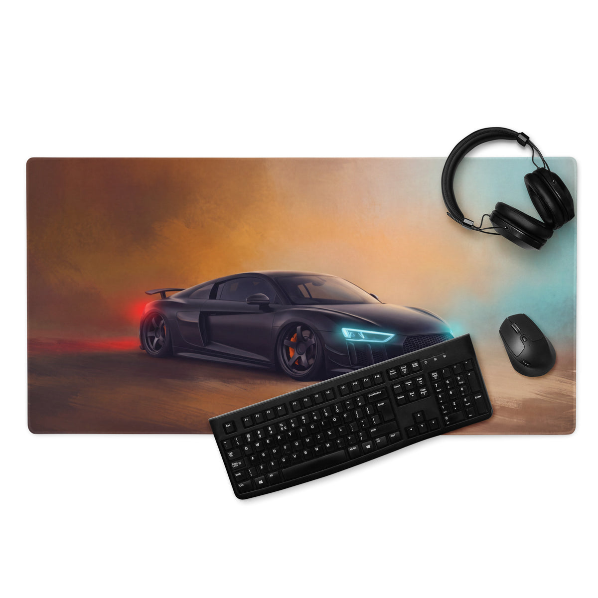 Black Audi R8 graphic printed on rectangular gaming mousepad with orange teal gradient and stitched edges for precision glide
