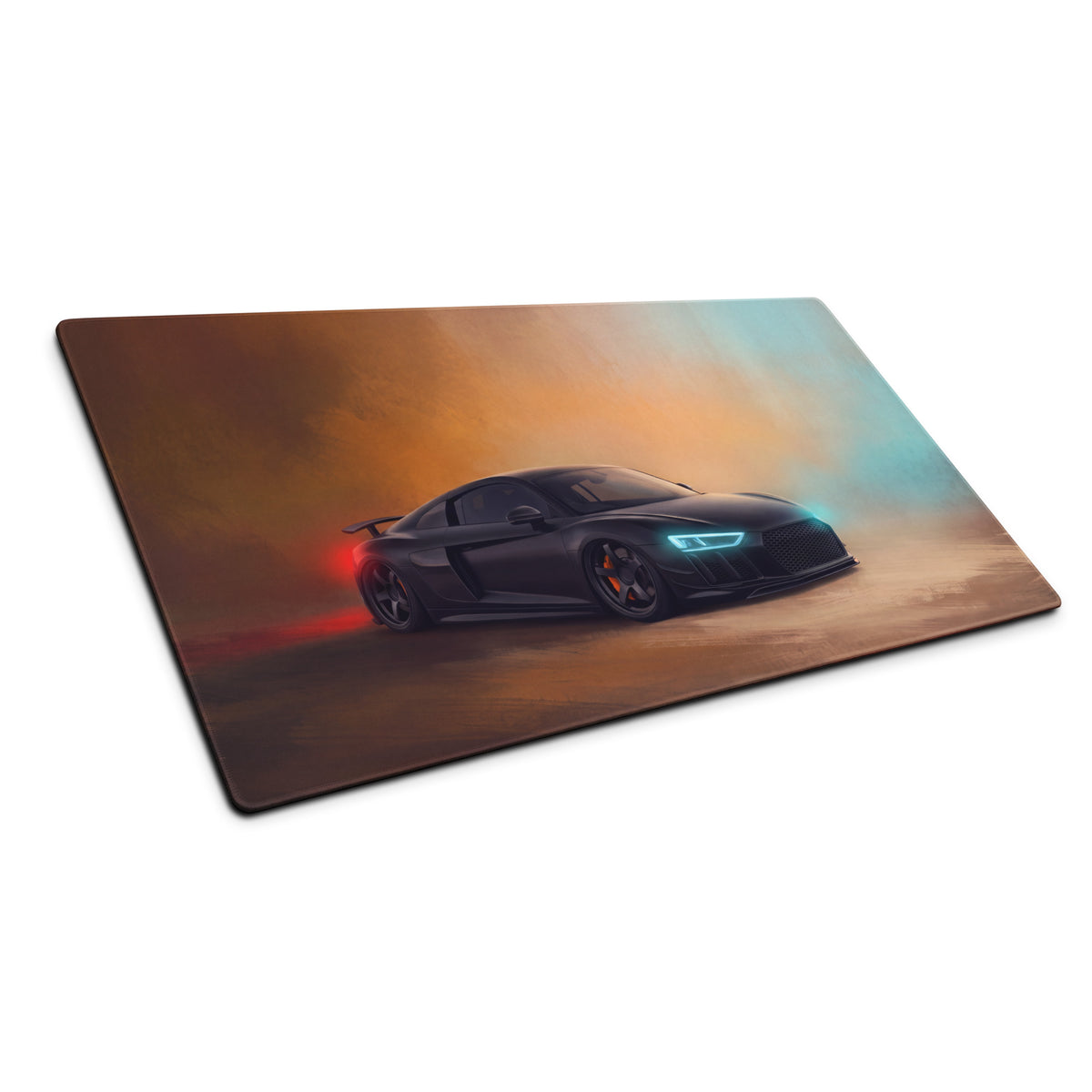 Black audi r8 sports car printed on an orange teal smoky background on a stitched edge midnight stealth desk mat