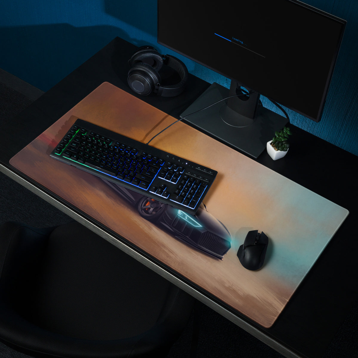 Audi r8 inspired midnight stealth desk mat rectangular gaming mousepad with stitched edges and futuristic black sports car design
