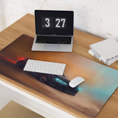Audi r8 inspired midnight stealth desk mat black sports car graphic with glowing red and blue accents on wooden desk