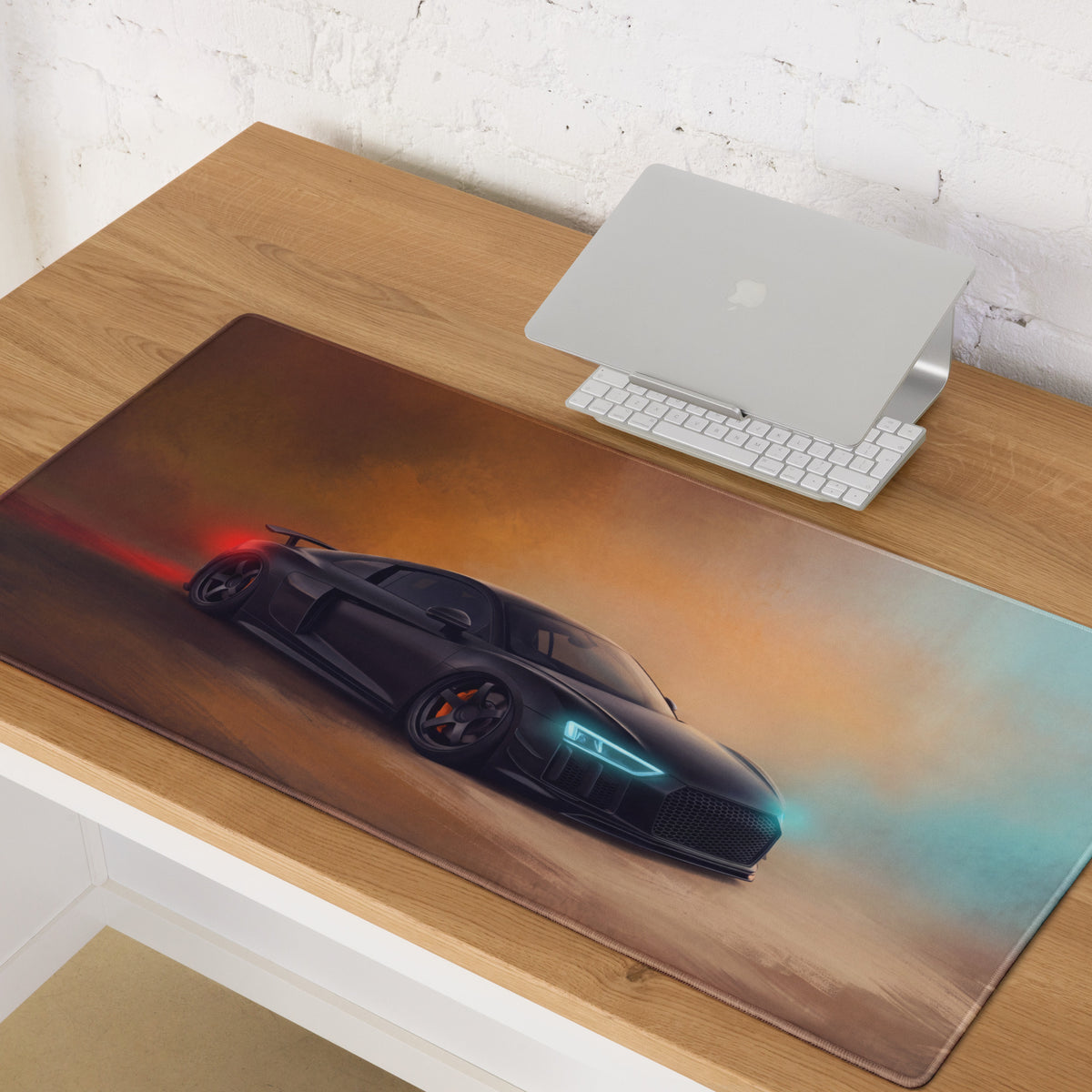 Black Audi R8 sports car graphic on rectangular mousepad with glowing blue and red accents precision glide desk mat