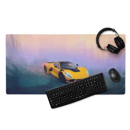 Yellow and black sports car graphic on a solar yellow high DPI micro-weave gaming desk mat with gradient background