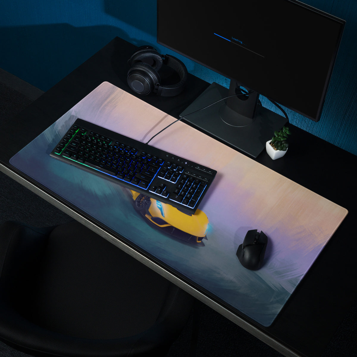 Hennessey Venom F5 inspired solar yellow gaming mousepad with vibrant yellow car and glowing blue accents on micro-weave fabric