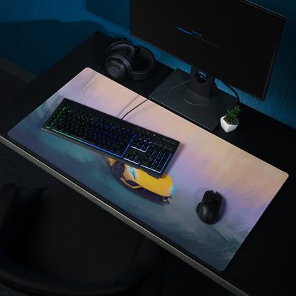 Hennessey Venom F5 inspired solar yellow gaming mousepad with vibrant yellow car and glowing blue accents on micro-weave fabric