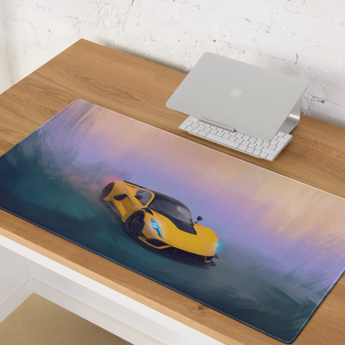 Yellow sports car graphic on purple and teal hennessey venom f5 inspired solar yellow micro-weave gaming mousepad