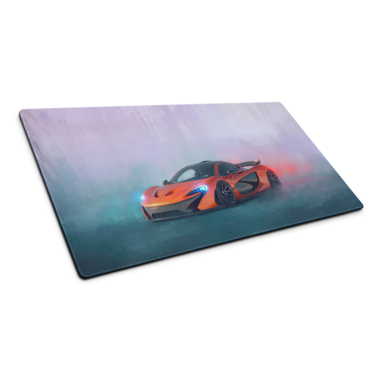 Orange mclaren p1 sports car printed on rectangular smooth mousepad with subtle gradient and non slip rubber base