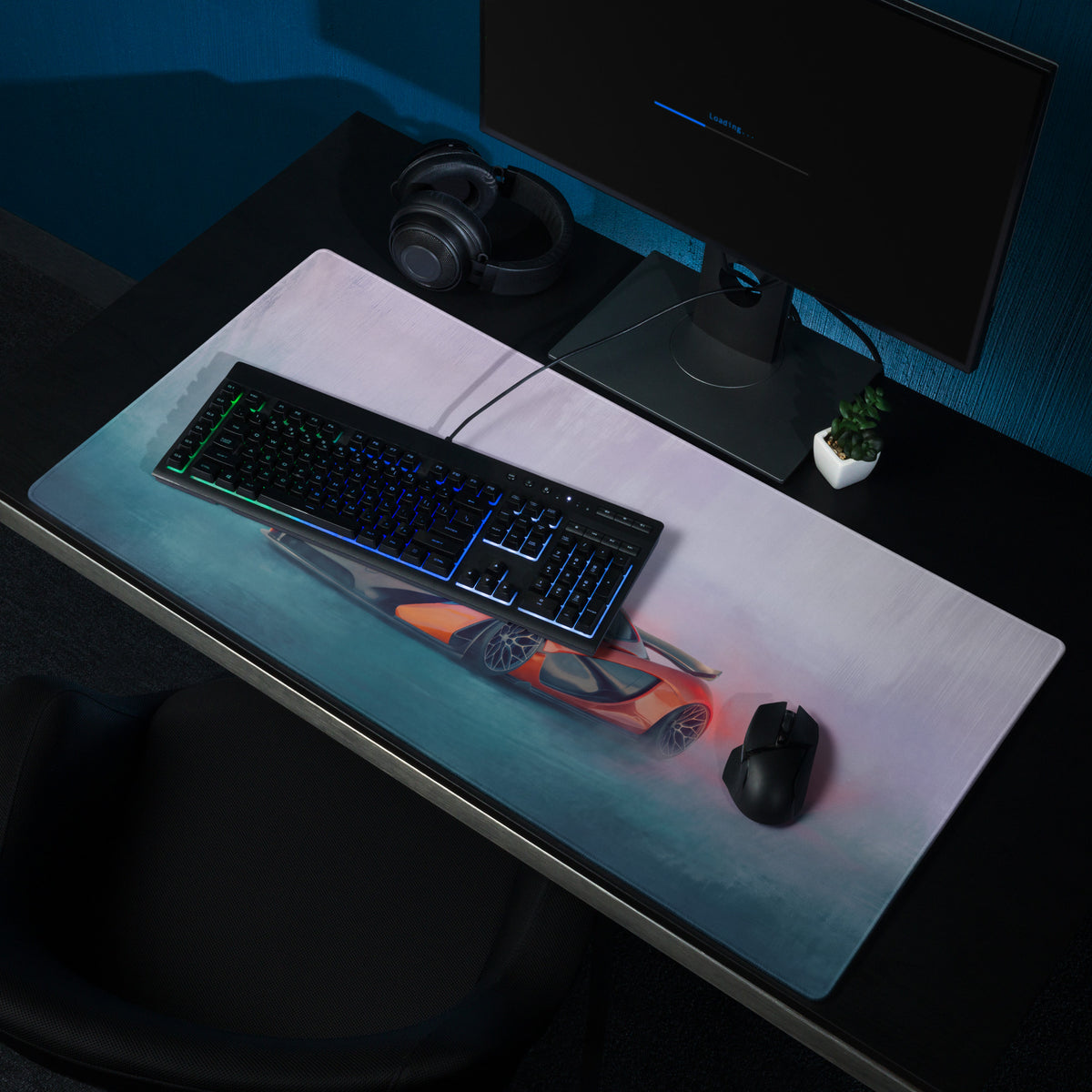 McLaren P1 inspired rectangular gaming mousepad with vibrant orange sports car on blue gradient non-slip rubber base