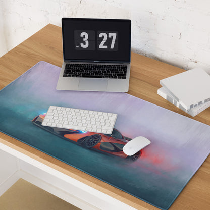 McLaren P1 inspired volcanic sunset desk pad with vibrant orange sports car design on soft non-slip rubber mouse mat