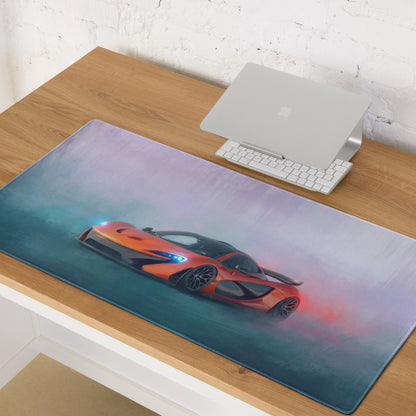 Orange mclaren p1 sports car graphic on a soft-textured rectangular desk pad with extended non-slip rubber base