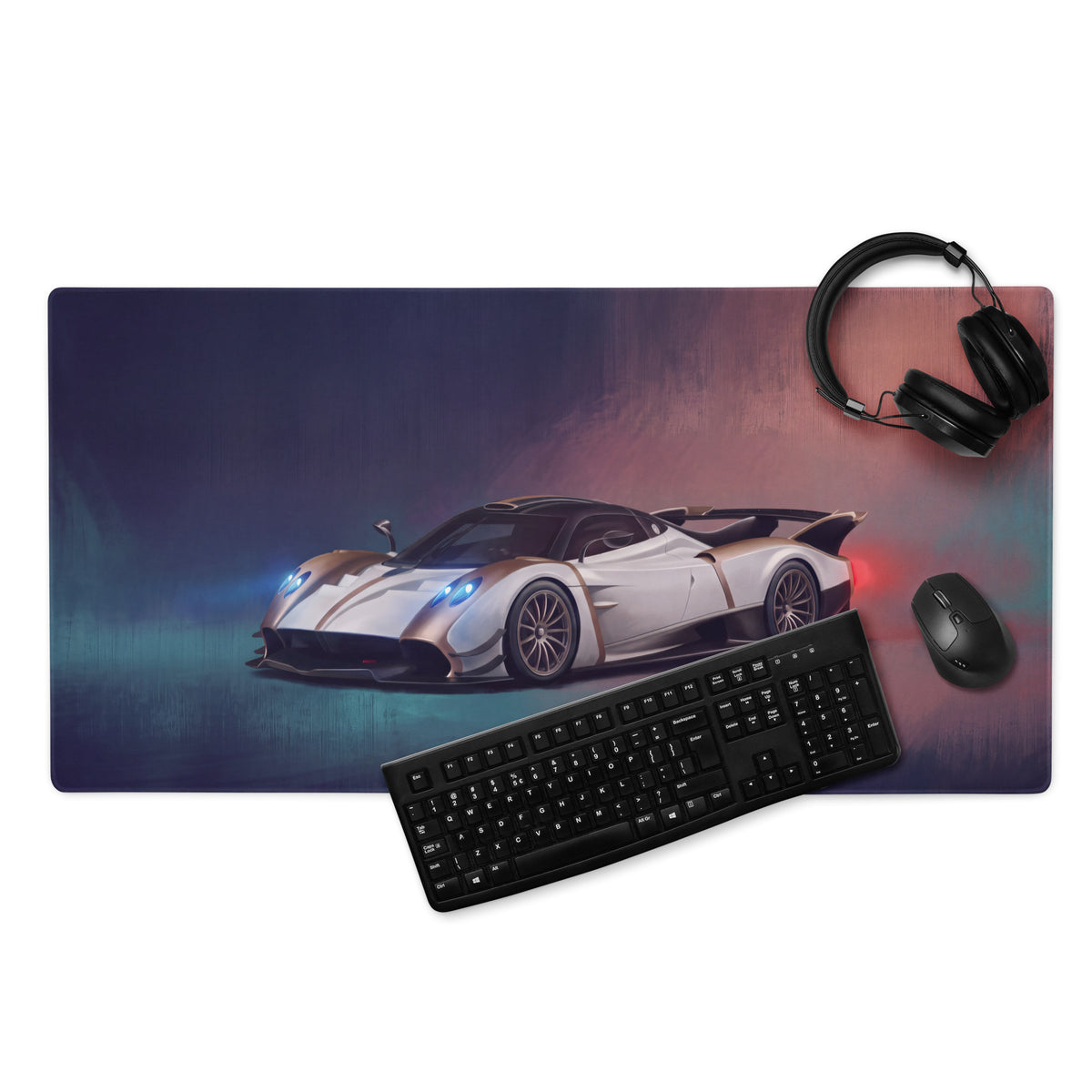 Pagani huayra r inspired silver and gold accent desk pad with sleek hypercar graphic and stitched edge for gaming