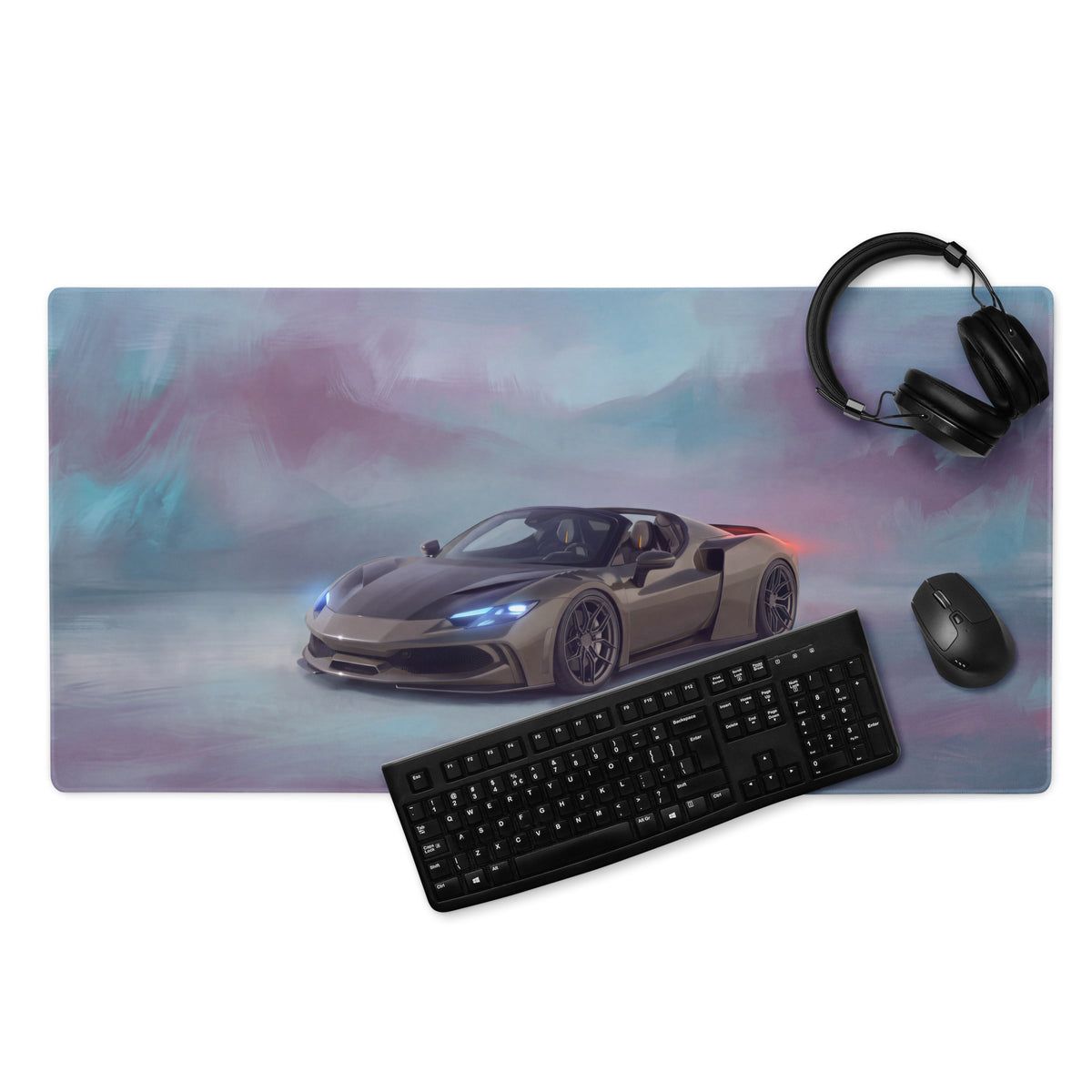 Rectangular ferrari 296 gts inspired titanium edition desk mat with silver-gray sports car and glowing blue headlights