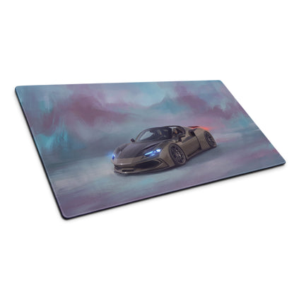 Rectangular low-friction titanium edition gaming mousepad with vibrant silver sports car and purple teal sky design