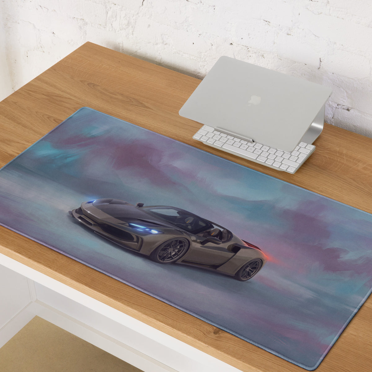 Ferrari 296 gts inspired titanium edition desk mat with gray sports car and blue headlights on low-friction surface