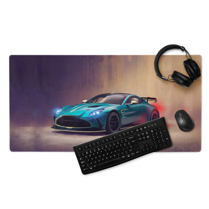 Teal and black aston martin racing car graphic on a non-slip rubber base gaming mousepad desk mat