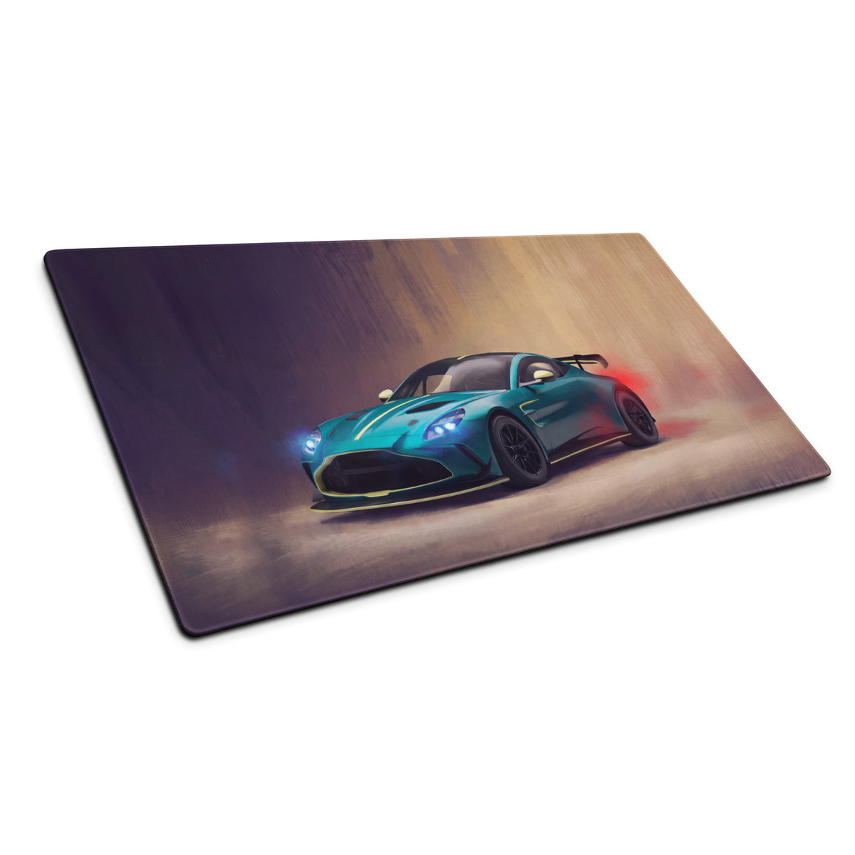 Teal and black aston martin racing car graphic printed on non-slip rubber base rectangular mousepad