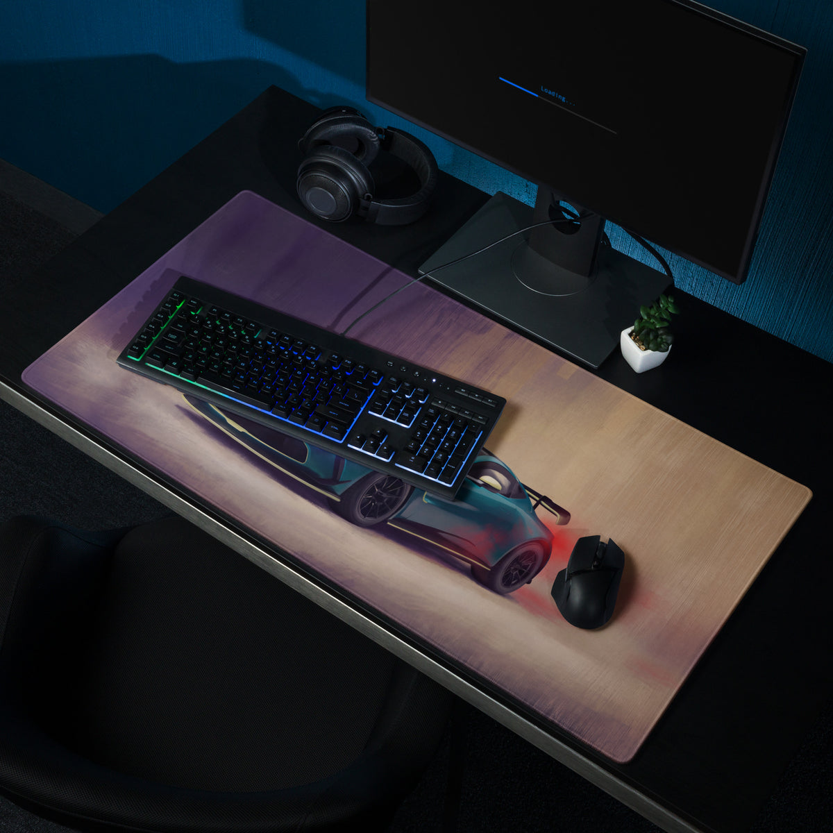 Aston Martin Vantage inspired rectangular gaming mousepad with vibrant teal and red car print on non-slip rubber base