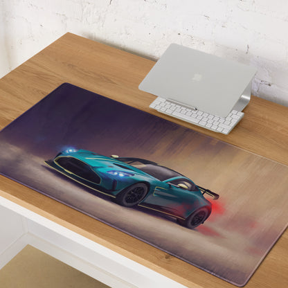 Teal and black aston martin racing car graphic printed on a non-slip rubber base racing green desk pad mouse mat
