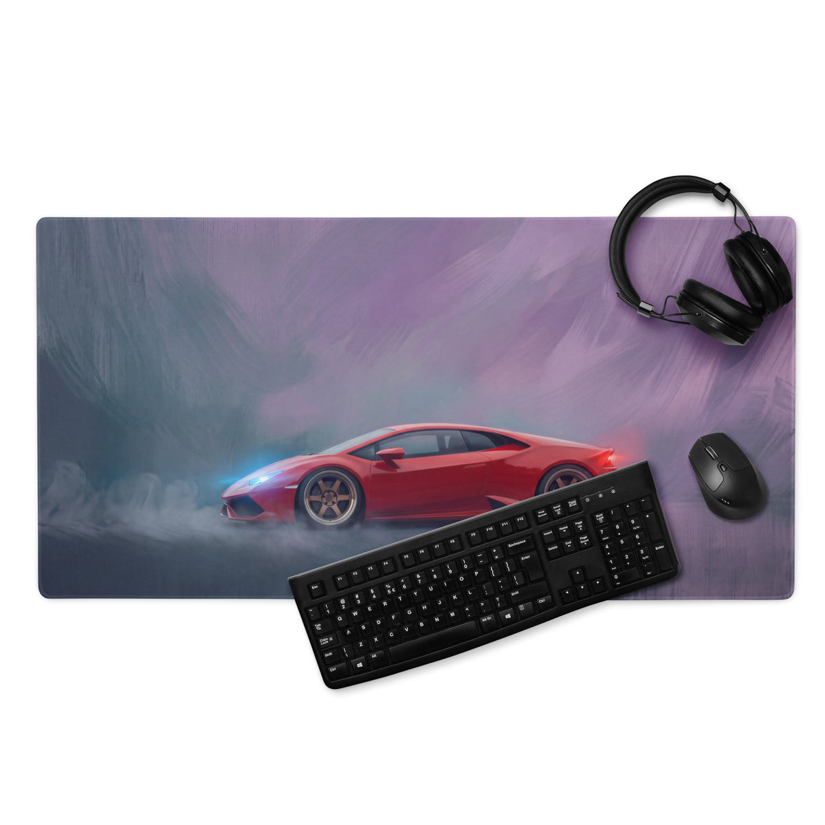 Lamborghini huracán inspired rosso edition xl gaming mouse pad with red sports car graphic on purple gray gradient