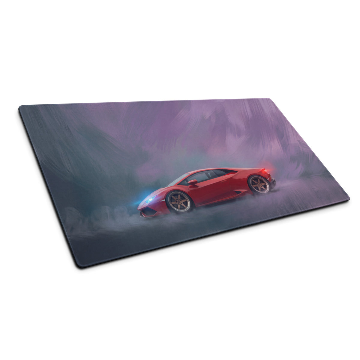 Lamborghini huracan inspired rosso edition xl gaming mouse mat with red sports car graphic and stitched edge on dark surface
