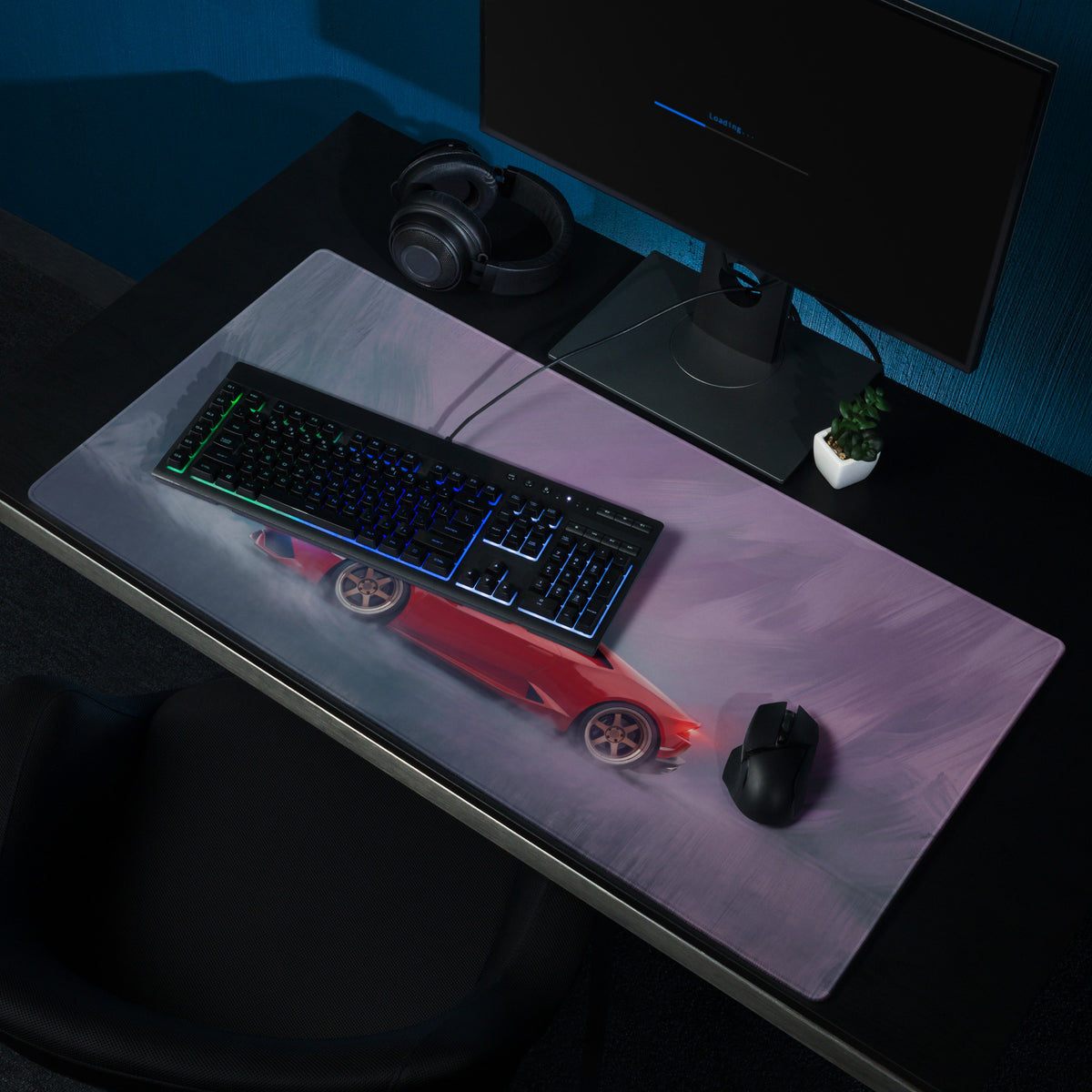 Lamborghini Huracán inspired rosso edition xl gaming mousepad with red sports car graphic and stitched edge on gradient background