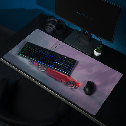 Lamborghini Huracán inspired rosso edition xl gaming mousepad with red sports car graphic and stitched edge on gradient background