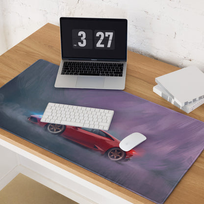 Lamborghini huracán inspired rosso edition desk pad with red sports car graphic on purple and gray gradient mousepad