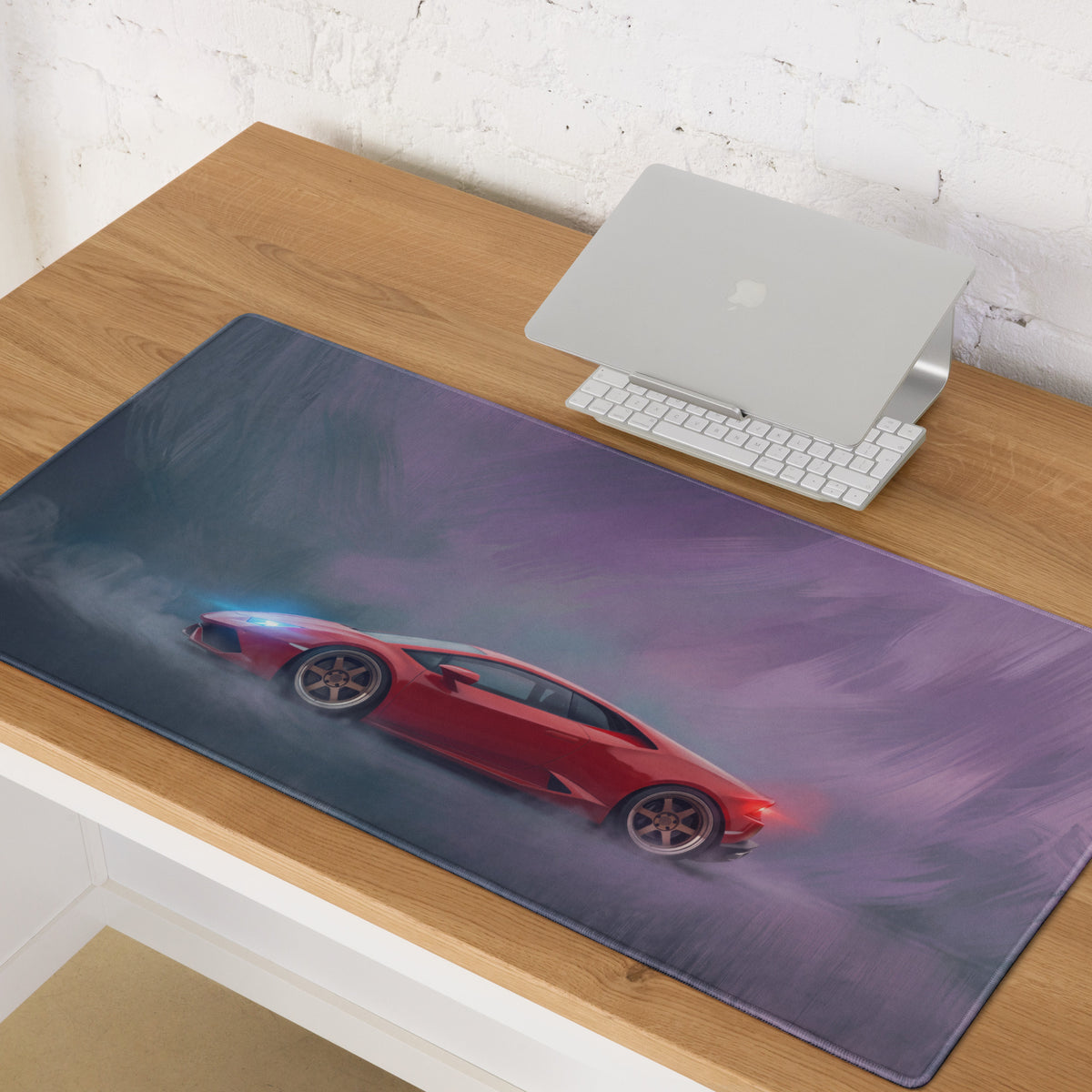 Lamborghini Huracán Inspired Rosso Edition xl gaming mouse pad with red sports car graphic on purple gray gradient background
