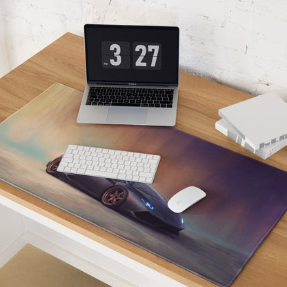 Lamborghini huracán inspired matte graphite cloth desk mat with sleek dark blue sports car graphic and gradient background