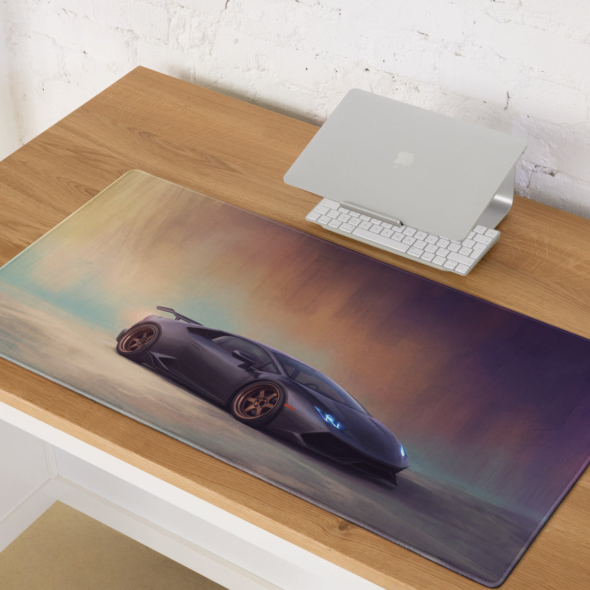 Black lamborghini huracán inspired matte graphite cloth desk mat featuring a black sports car graphic for ultra-glide use