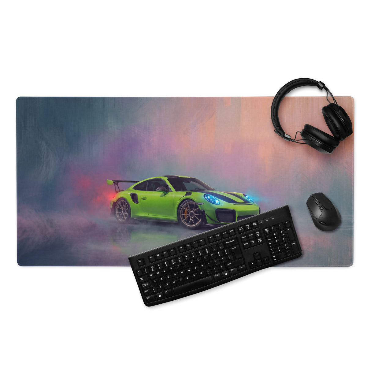 Lush green porsche 911 gt2 rs inspired acid green desk pad with racing car graphic non-slip rubber gaming mouse mat