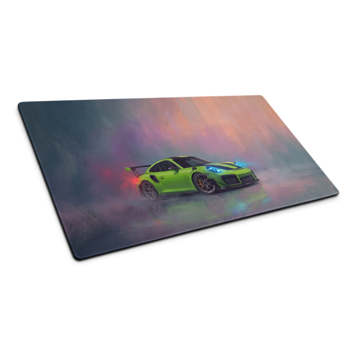 Vibrant lime green porsche 911 gt3 rs graphic printed on sleek rectangular non slip rubber base gaming mousepad