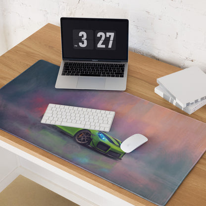 Porsche 911 gt2 rs inspired acid green desk pad featuring a vibrant green sports car on a soft non-slip rubber base mousepad
