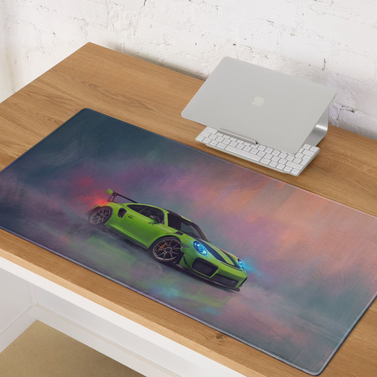Vibrant lime green porsche 911 gt3 rs graphic printed on non slip rubber desk pad with smoky gradient background