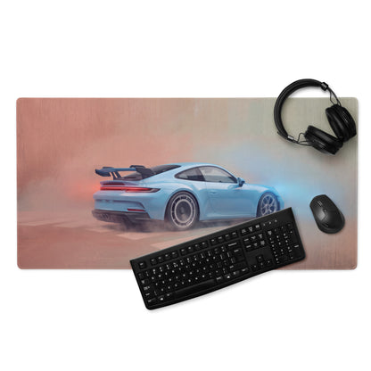 Light blue porsche 911 sports car graphic printed on a rectangular high-precision xl gaming mousepad desk mat