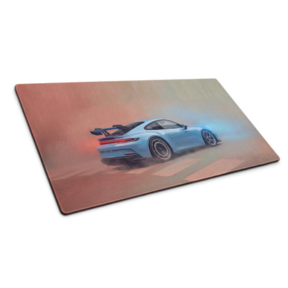 Porsche 911 gt3 inspired sky blue desk mat with matte finish and subtle gradient background for xl gaming use