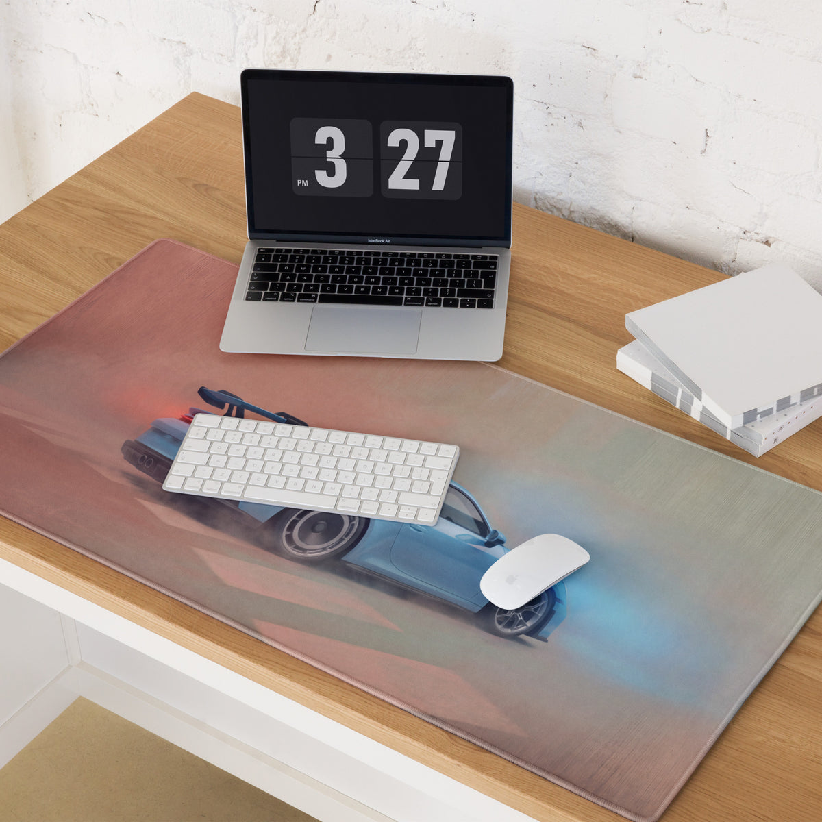 Blue Porsche 911 GT3 inspired racing car graphic on sky blue rectangular high-precision XL gaming mousepad