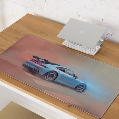 A sleek light blue porsche 911 gt3 inspired graphic on a transparent high precision xl gaming mousepad desk mat