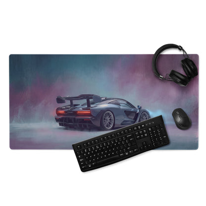 A sleek matte-finish xl gaming mouse mat featuring a silver mclaren senna with glowing red taillights on smoky backdrop