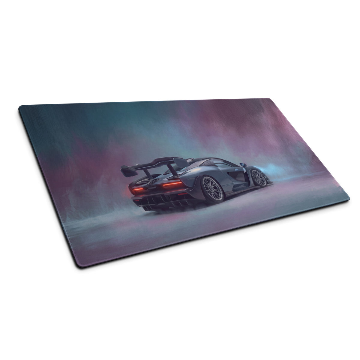 Rectangular ultraglide xl gaming mouse mat featuring a dark gray lamborghini with glowing red taillights on smoky purple teal background