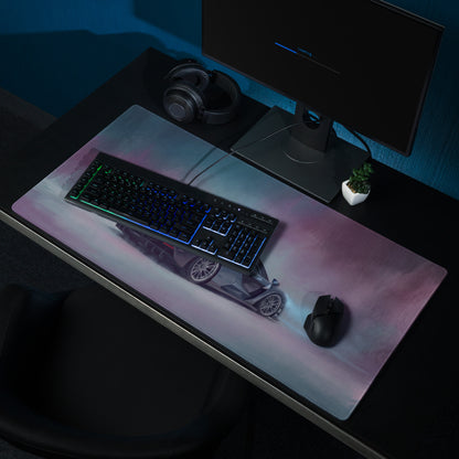 A sleek rectangular ultra-glide xl gaming mouse mat with purple and blue gradient and mclaren senna inspired sports car design