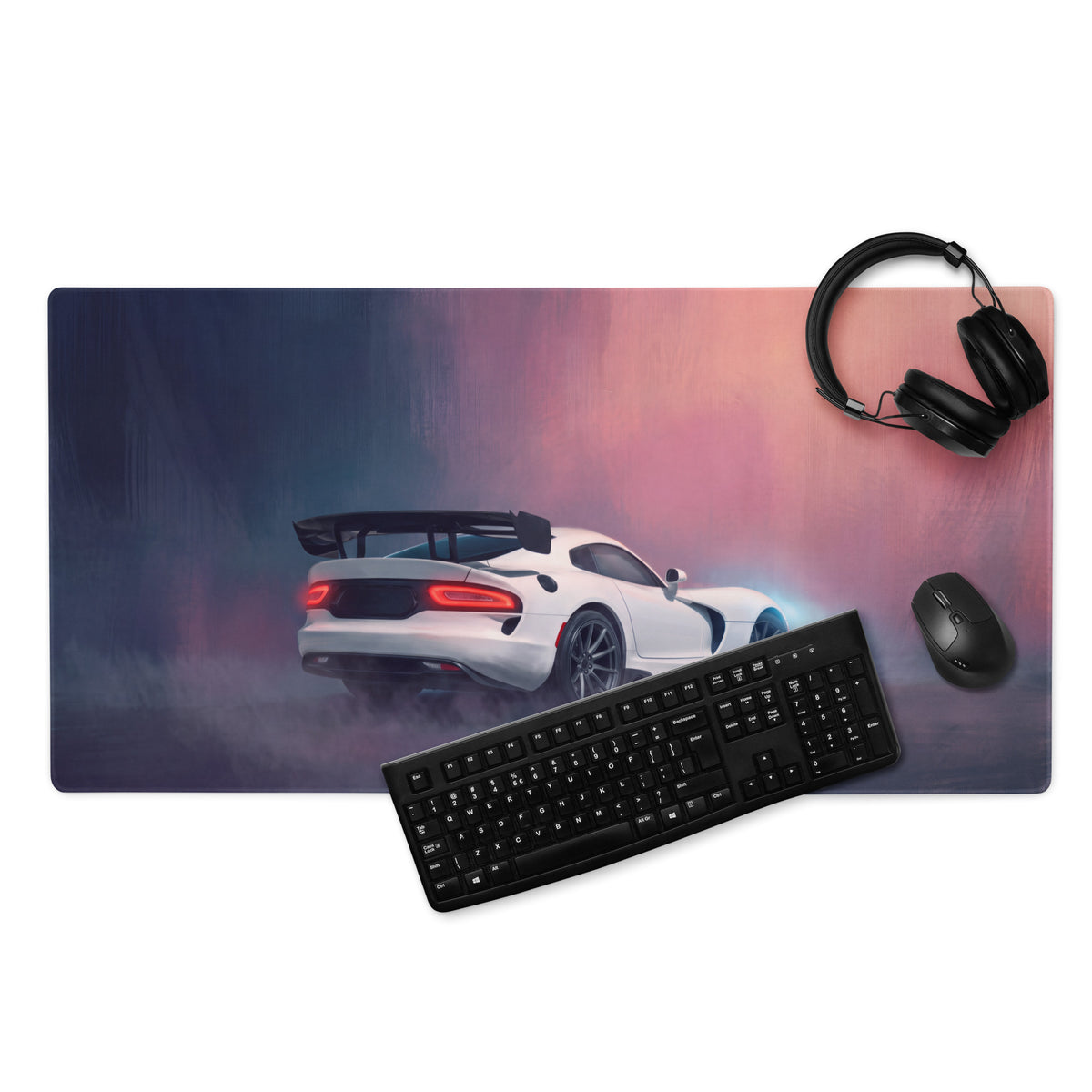Dodge viper acr inspired pure white desk pad with white sports car graphic black keyboard and headphones nearby
