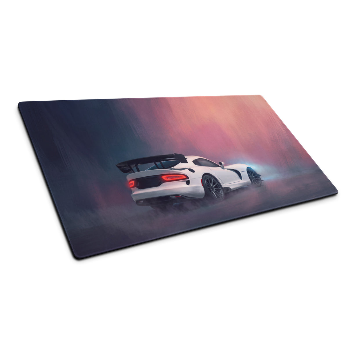 White dodge viper acr inspired extended desk pad with stitched edge and pink dark blue gradient background design