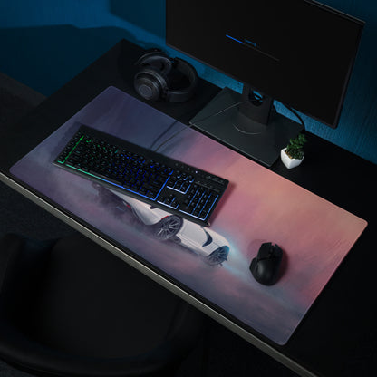 A sleek translucent white extended stitched edge gaming mousepad with vibrant gradient and dodge viper acr sports car design