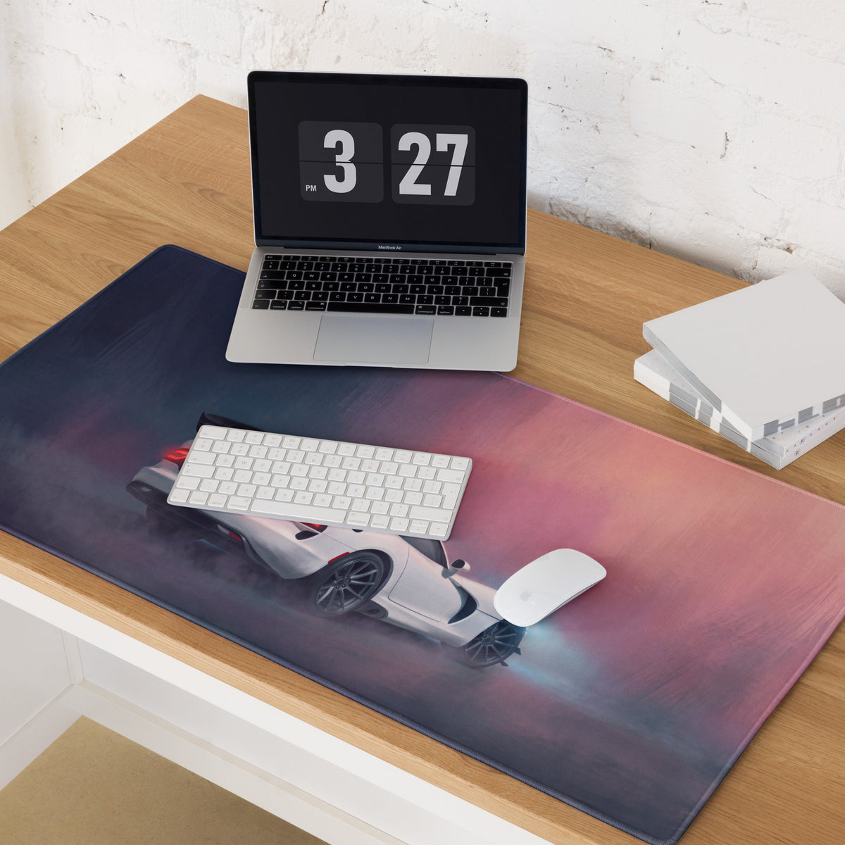 Dodge viper acr inspired pure white desk pad featuring a vibrant blue to pink gradient and white sports car design