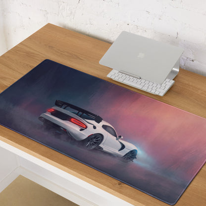 Dodge viper acr inspired pure white desk pad featuring a sleek white dodge viper graphic with a blue to pink gradient background