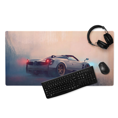 Pagani Huayra Roadster inspired titanium desk mat featuring a sleek silver sports car design on non-slip rubber