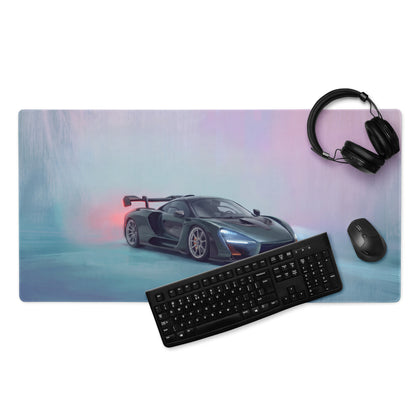 A sleek black mclaren senna graphic on a rectangular ultra-glide stitched edge gaming mousepad with pastel gradient background