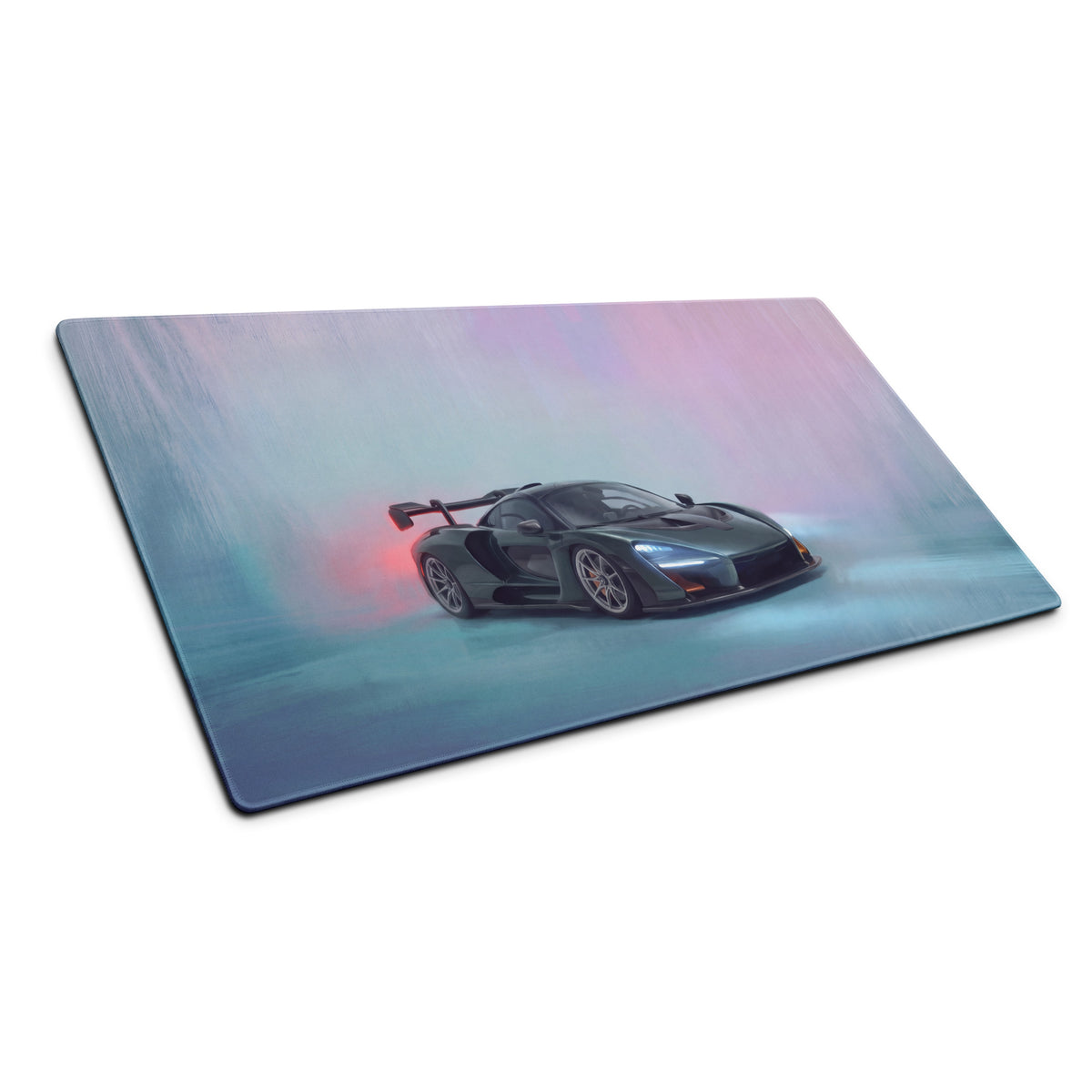 Black McLaren Senna graphic printed on rectangular smooth cutting board with pastel gradient background for desk pad