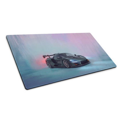 Black McLaren Senna graphic printed on rectangular smooth cutting board with pastel gradient background for desk pad